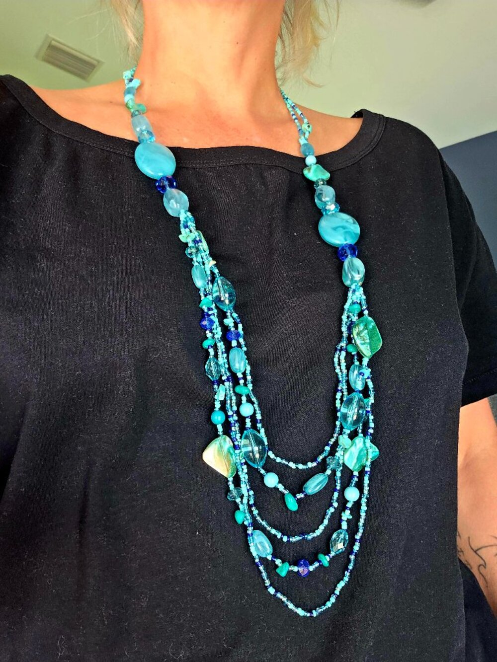 Boho Multi-Strand Blue Beaded Statement Necklace – Teal & Turquoise Layered - Picture 1 of 8